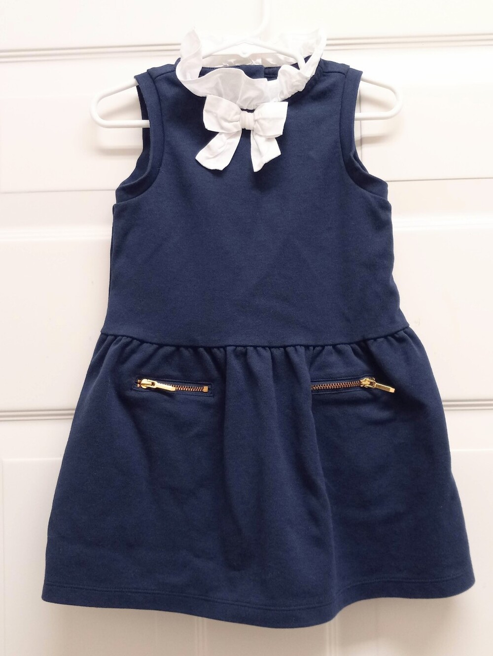 Janie And Jack Ponte Dress Size 3 Navy Blue 3T Ruffle Collar Bow Pockets Party